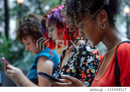 Three Friends Engrossed in Smartphones 114349527