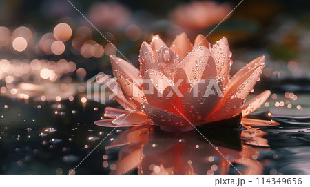 Serene Water Lily with Dew Drops at Twilight Serene Water Lily with Dew Drops at Twilight 114349656