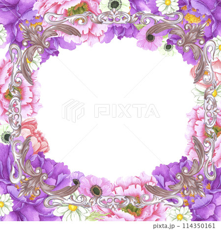 Hand drawn watercolor vintage ornament with flowers frame border. Baroque illustration isolated on white background. Can be used for cards, label and other printed products. 114350161