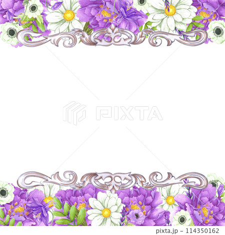 Hand drawn watercolor vintage ornament with flowers frame border. Baroque illustration isolated on white background. Can be used for cards, label and other printed products. Hand drawn watercolor vintage ornament with flowers frame border. Baroque illustration isolated on white background. Can be used for cards, label and other printed products. 114350162