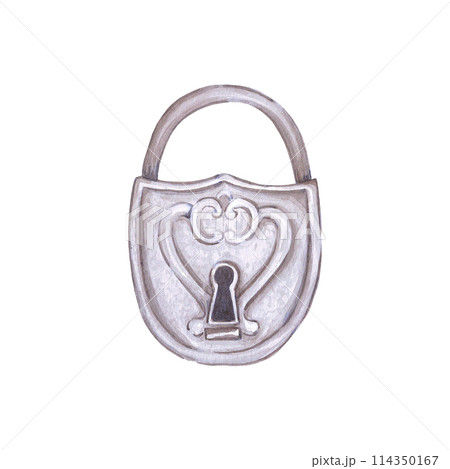 Hand drawn watercolor vintage lock. Baroque illustration isolated on white background. Can be used for cards, label and other printed products. Hand drawn watercolor vintage lock. Baroque illustration isolated on white background. Can be used for cards, label and other printed products. 114350167