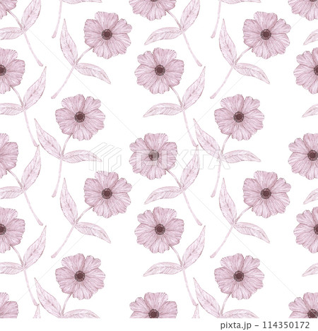 Hand drawn watercolor grey monochrome abstract flower seamless pattern isolated on white background. Can be used for textile, fabric and other printed products. 114350172