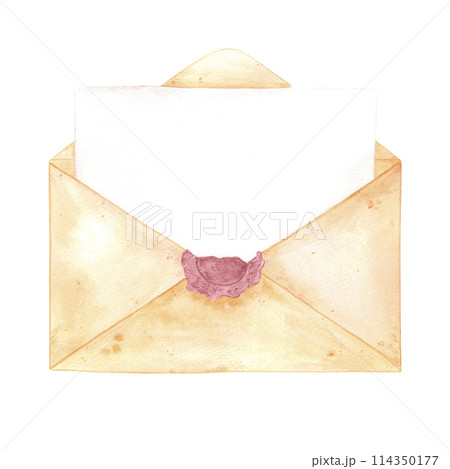 Hand drawn watercolor letter with sealing seal isolated on white background. Can be used for cards, scrapbook and other printed products. Hand drawn watercolor letter with sealing seal isolated on white background. Can be used for cards, scrapbook and other printed products. 114350177