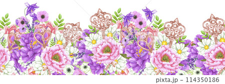 Hand drawn watercolor flowers with vintage keys seamless border isolated on white background. Can be used for gift wrapping, label and other printed products. 114350186