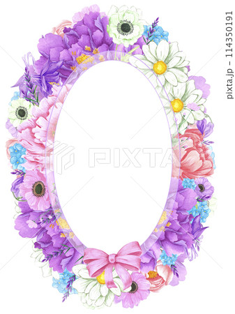 Hand drawn watercolor peony and anemone flowers bouquet frame border isolated on white background. Can be used for post card, label and other printed products. Hand drawn watercolor peony and anemone flowers bouquet frame border isolated on white background. Can be used for post card, label and other printed products. 114350191