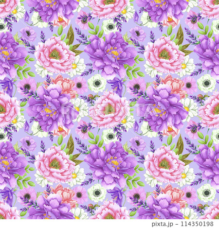 Hand drawn watercolor peony and anemone flowers bouquet seamless pattern isolated on blue background. Can be used for textile, scrapbook and other printed products. Hand drawn watercolor peony and anemone flowers bouquet seamless pattern isolated on blue background. Can be used for textile, scrapbook and other printed products. 114350198