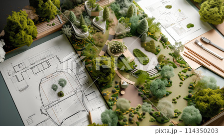 幾何学的な建物レイアウトと緑地を組み合わせた都市緑化プロジェクト。 114350203