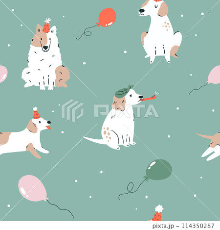 Seamless pattern with holiday dogs and Birthday decorations 114350287
