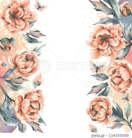 Peony flowers with buds and leaves with flying butterflies in pastel peach fuzz color. Hand drawn botanical watercolor illustration. Romantic, cute, beautiful, frame, wreath, template for text. 114350500