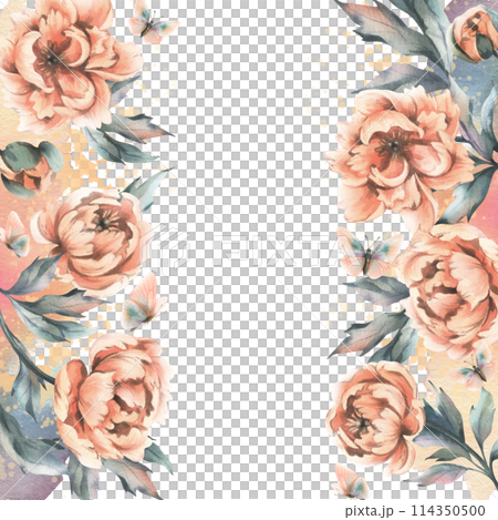 Peony flowers with buds and leaves with flying butterflies in pastel peach fuzz color. Hand drawn botanical watercolor illustration. Romantic, cute, beautiful, frame, wreath, template for text. 114350500