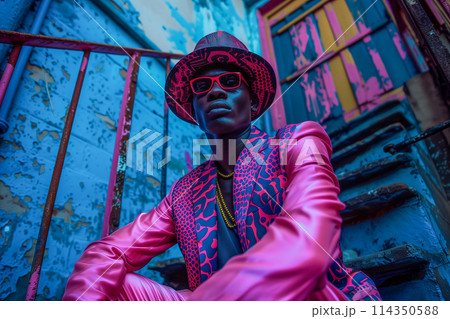 A man in a pink suit and hat is sitting on a staircase A man in a pink suit and hat is sitting on a staircase 114350588