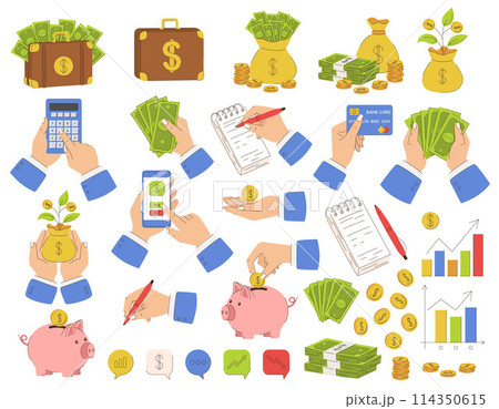 A collection of images depicting various financial transactions A collection of images depicting various financial transactions 114350615