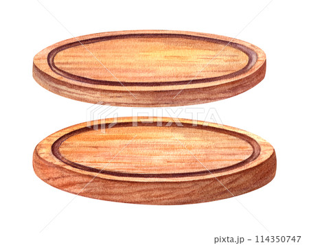 Set of round wooden chopping boards. Trays for cutting or serving food. Polished brown Pizza Plate. Kitchen tableware in isometric. Watercolor illustration. For cooking design, restaurant, menu 114350747