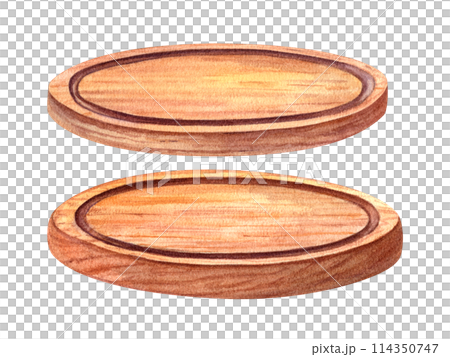 Set of round wooden chopping boards. Trays for cutting or serving food. Polished brown Pizza Plate. Kitchen tableware in isometric. Watercolor illustration. For cooking design, restaurant, menu 114350747