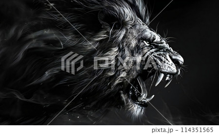 Head of a wild lion close-up. Black and white illustration for various design projects 114351565