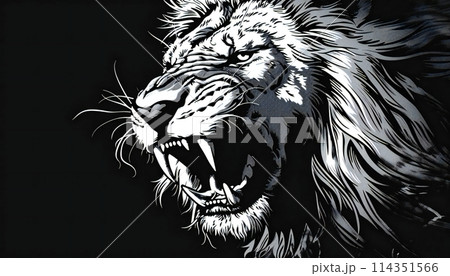 Close-up of the head of an angry lion in black and white style for various design purposes 114351566