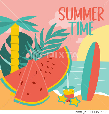 Summer poster depicting watermelons on the beach. Vector illustration Summer poster depicting watermelons on the beach. Vector illustration 114351580