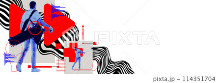 Man, golf player standing with golf equipment against light background with abstract elements. Contemporary art collage. Man, golf player standing with golf equipment against light background with abstract elements. Contemporary art collage. 114351704