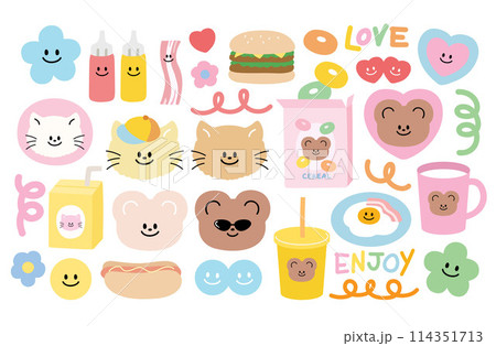 Cute pastel illustration of teddy bear, cat, burger, bacon, cereal box, juice, drink mug, fried egg, heart, flower, hotdog, ketchup sauce, mustard sauce for cartoon, restaurant, cafe, sticker, animal 114351713