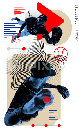 Concentrated man, baseball player during game, playing against light background with abstract elements. Contemporary art collage. 114351734