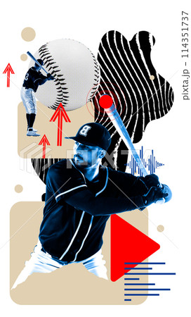 Young bearded man, baseball player standing with bat, practicing against light background with abstract elements. Contemporary art collage. Young bearded man, baseball player standing with bat, practicing against light background with abstract elements. Contemporary art collage. 114351737