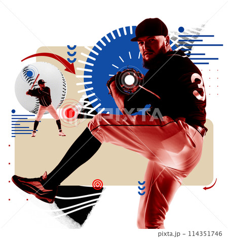 Dynamic images of two baseball players showing concentration during game, standing with bat and glove. Contemporary art collage. 114351746