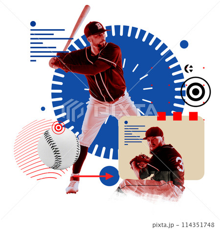 Concentrated men, baseball players in uniform with bat standing with focused face, playing. Contemporary art collage. Concentrated men, baseball players in uniform with bat standing with focused face, playing. Contemporary art collage. 114351748