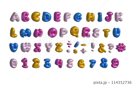 Y2K glossy colorful 3D bubble font with inflated English letters and numbers. Multicolored balloon shaped alphabet for trendy 2000s and 90s designs. Isolated raster 114352736