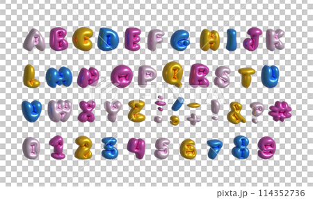 Y2K glossy colorful 3D bubble font with inflated English letters and numbers. Multicolored balloon shaped alphabet for trendy 2000s and 90s designs. Isolated raster 114352736