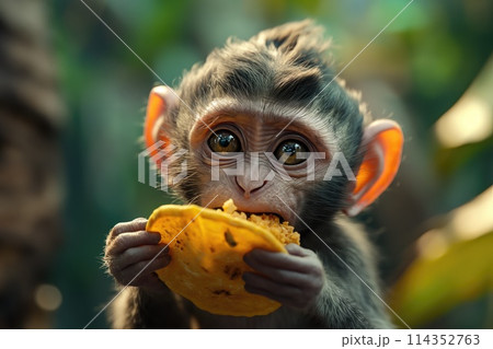 Portrait of a cute baby monkey eating tacos 114352763