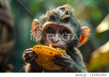 Portrait of a cute baby monkey eating tacos 114352764