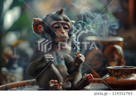 Monkey with a cigarette in his hand, sitting next to a cup of tea 114352765