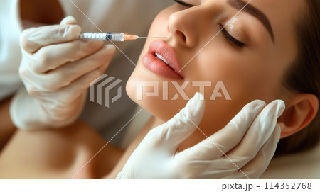 Beautiful young woman receiving botox injection in lips, closeup 114352768