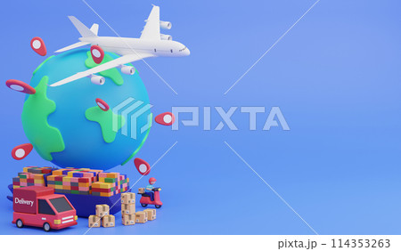 Global logistic system, 3d render logistic and delivery icon concept and copy space on blue background Global logistic system, 3d render logistic and delivery icon concept and copy space on blue background 114353263