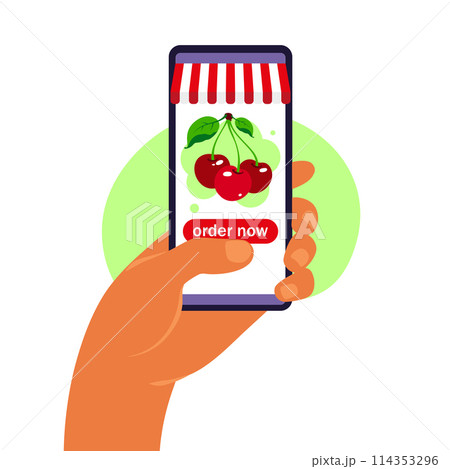 Online food order. Grocery delivery. Hand holding smartphone with product catalog on the web browser page. Stay at home concept. Quarantine or self-isolation. Flat style. 114353296