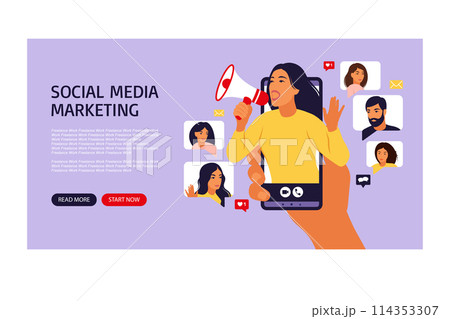 Woman in smartphone shouting in loud speaker. Influencer or social marketing banner, flyer, web page. Social media account promotion, audience or followers growth. People hold mobile phones and chat. Woman in smartphone shouting in loud speaker. Influencer or social marketing banner, flyer, web page. Social media account promotion, audience or followers growth. People hold mobile phones and chat. 114353307