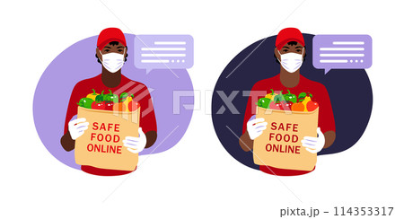 Safe food delivery. Man african courier delivering grocery order to the home of customer with mask and gloves during the coronavirus pandemic. Vector flat illustration isolated on white background. Safe food delivery. Man african courier delivering grocery order to the home of customer with mask and gloves during the coronavirus pandemic. Vector flat illustration isolated on white background. 114353317