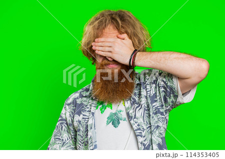 Afraid shocked young man closing eyes, confused shy scared reject to watch, phobia, shame, stress 114353405