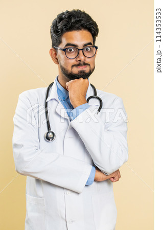 Doctor man tired bored expression, exhausted of tedious story, not interested in communication talk 114353533