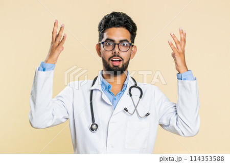 Excited amazed doctor man looking at camera with big eyes, shocked by sudden victory wow emotion Excited amazed doctor man looking at camera with big eyes, shocked by sudden victory wow emotion 114353588