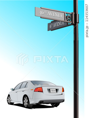 Street roadsign pointer with two arrows and car sedan. 3d vector color illustration 114353607