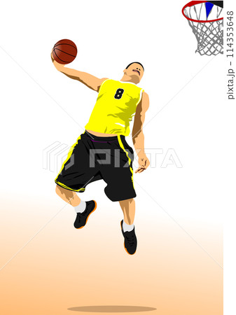 Basketball player poster. Colored Vector 3d illustration for designers Basketball player poster. Colored Vector 3d illustration for designers 114353648