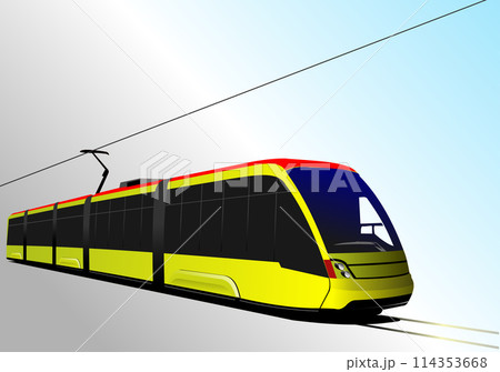 City transport. Modern yellow Tram. Colored Vector 3d illustration for designers 114353668
