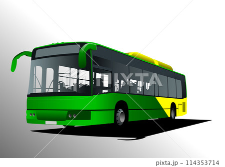 Green yellow City bus on the road. Coach. Vector 3d illustration 114353714