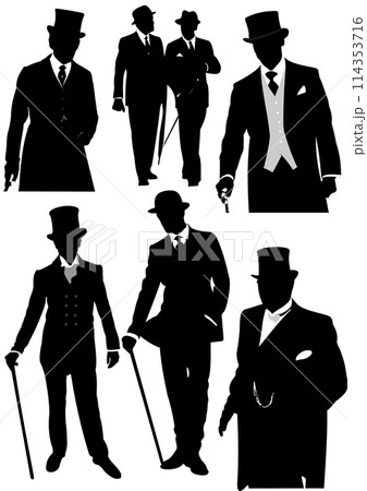 Set of London gentlemen silhouette. B&W vector illustration 114353716