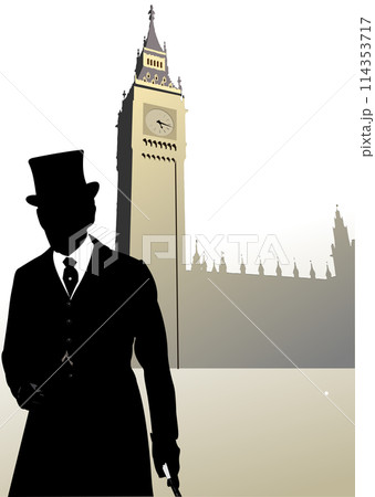 London image with gentlemen silhouette. Colored vector illustration 114353717