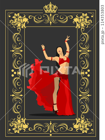 Belly dancer. Attractive girl dances east dance. Purple dress. 3d vector color illustration Belly dancer. Attractive girl dances east dance. Purple dress. 3d vector color illustration 114353803