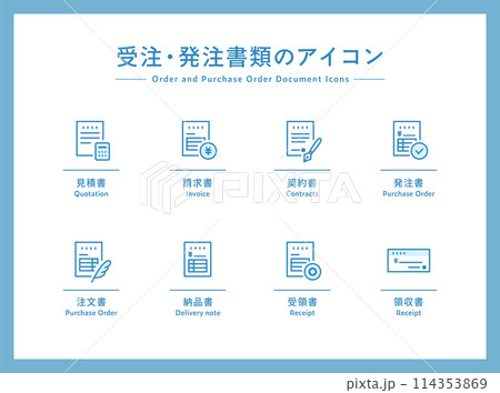 受注・発注の書類のアイコンセット　受発注　見積書　請求書　契約書　発注書　注文書　領収書　イラスト 114353869