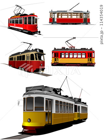 City transport. Set of Old Trams. Colored Vector 3d illustration for designers 114354019