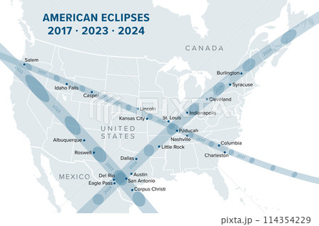 American Eclipses of 2017, 2023 and 2024, political map. Paths of the Annular Solar Eclipse of October 14, 2023, and the Total Solar Eclipses of August 21, 2017, and April 8, 2024, with major cities. American Eclipses of 2017, 2023 and 2024, political map. Paths of the Annular Solar Eclipse of October 14, 2023, and the Total Solar Eclipses of August 21, 2017, and April 8, 2024, with major cities. 114354229